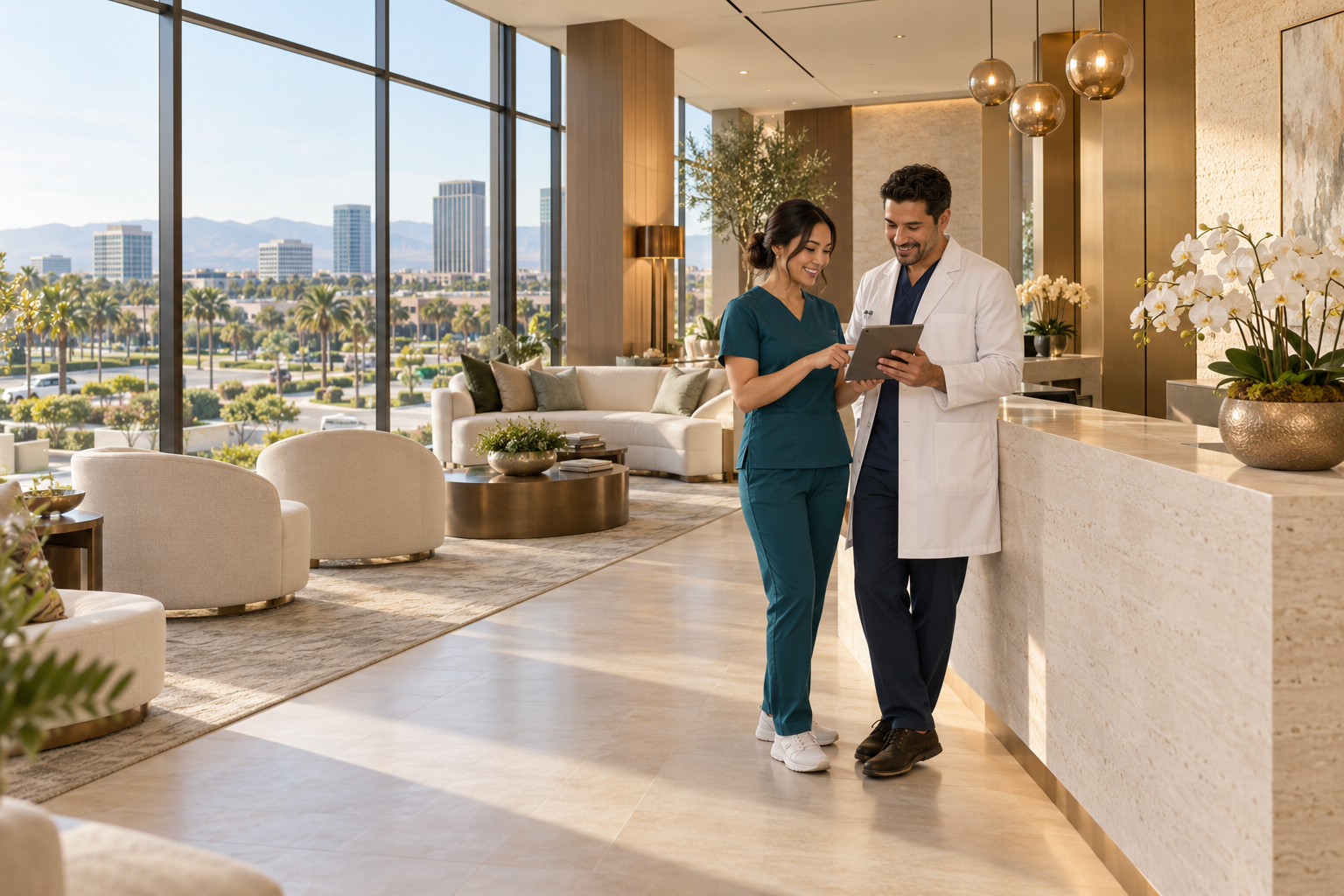 Illustrative nurse and supervising physician in an illustrative medical-spa lobby