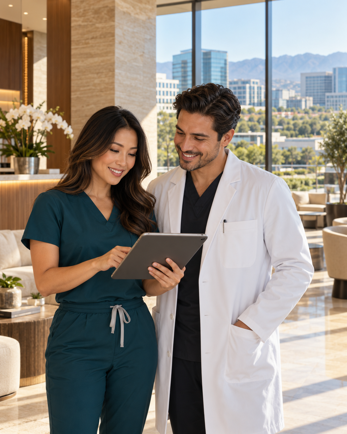 Illustrative medical professionals in a clinical reception setting